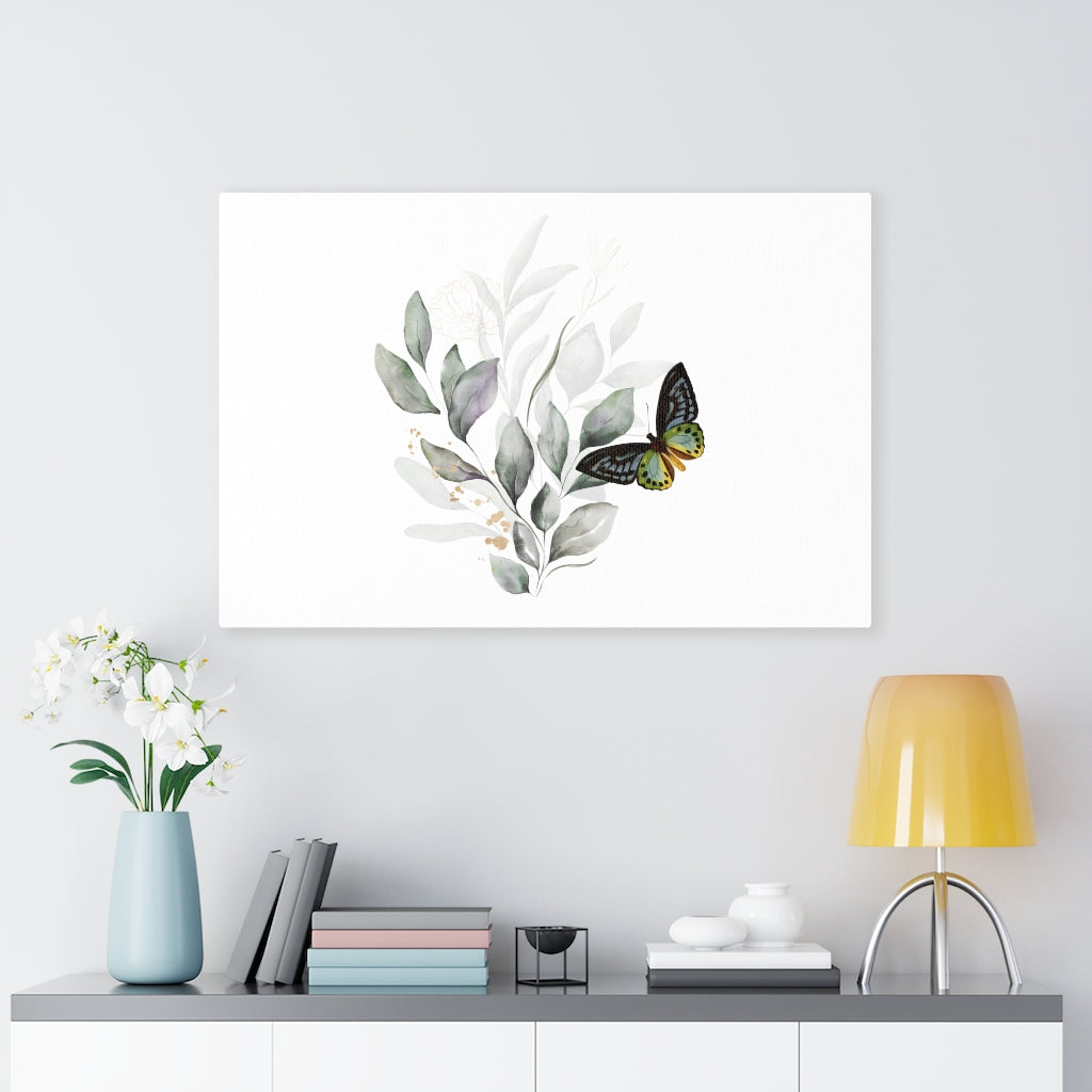 FLORAL CANVAS ART | White Grey Leaves Butterfly