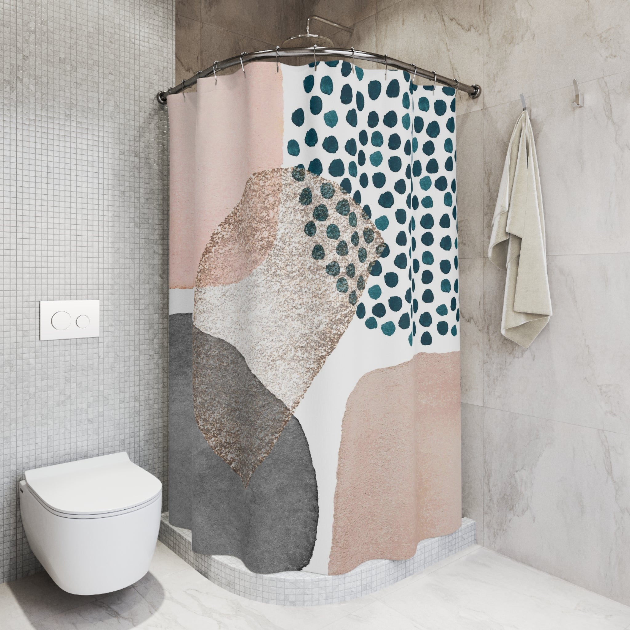 a pink and grey shower curtain