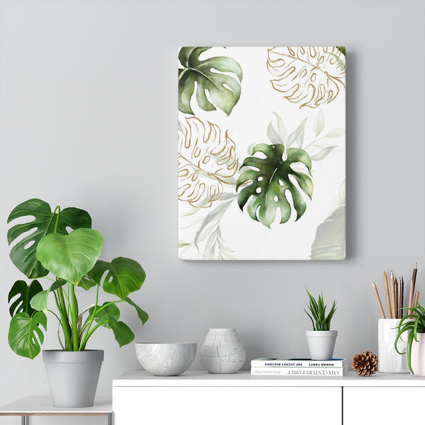 FLORAL WALL CANVAS ART | White Green Gold Tropical Leaves