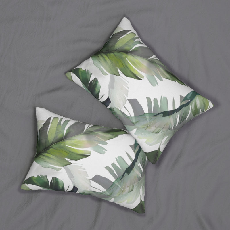 Floral Boho Lumbar Pillow | Green White Tropical Leaves