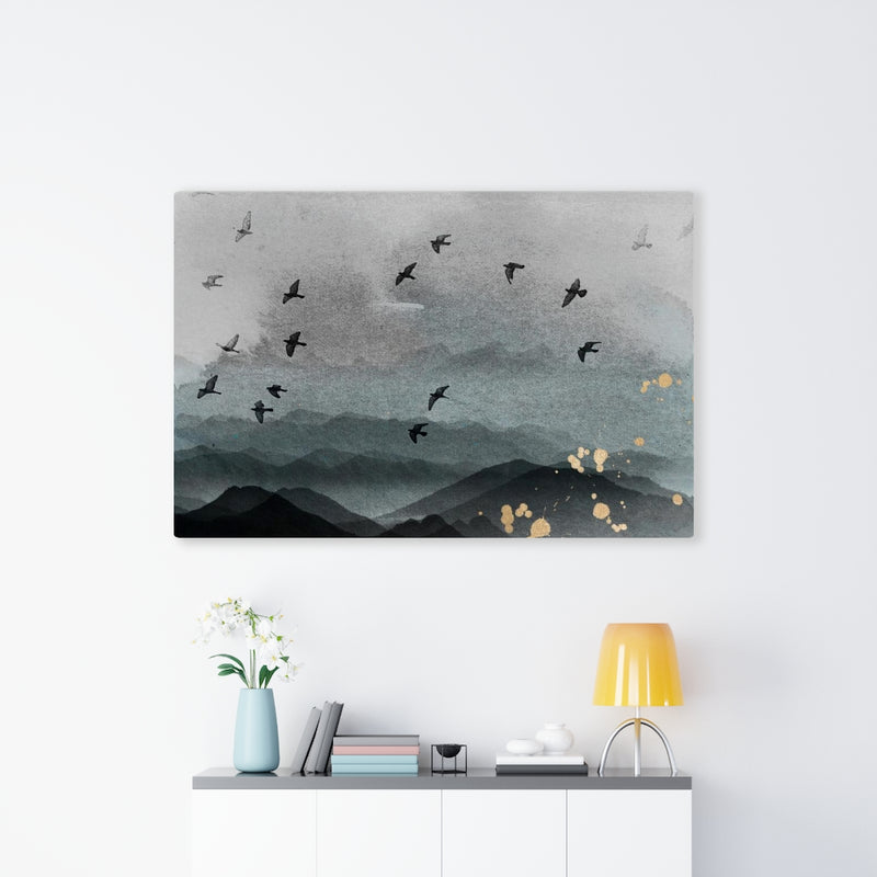 WHIMSICAL WALL CANVAS ART | Grey Blue Ombre Gold Birds
