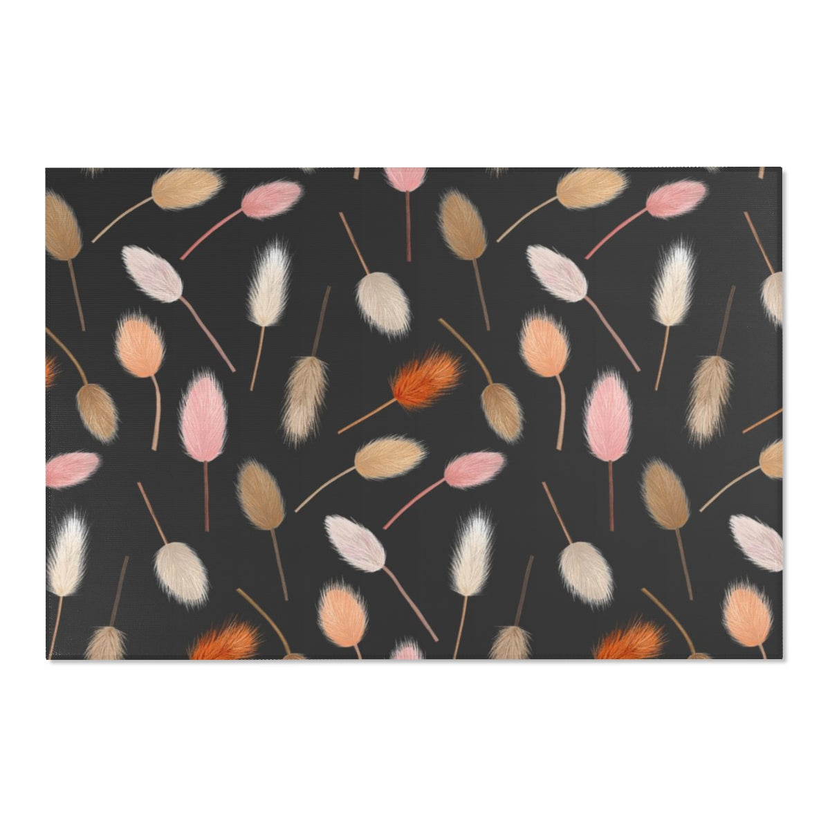 Abstract Boho Area Rug | Black Peach Beige Pompoms