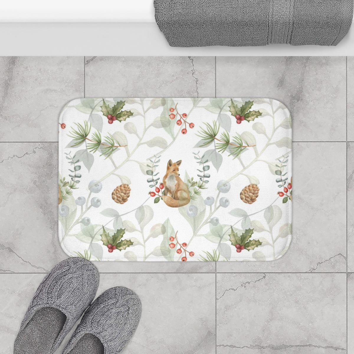 Christmas Bath Mat | White Green Mistletoe and Foxes