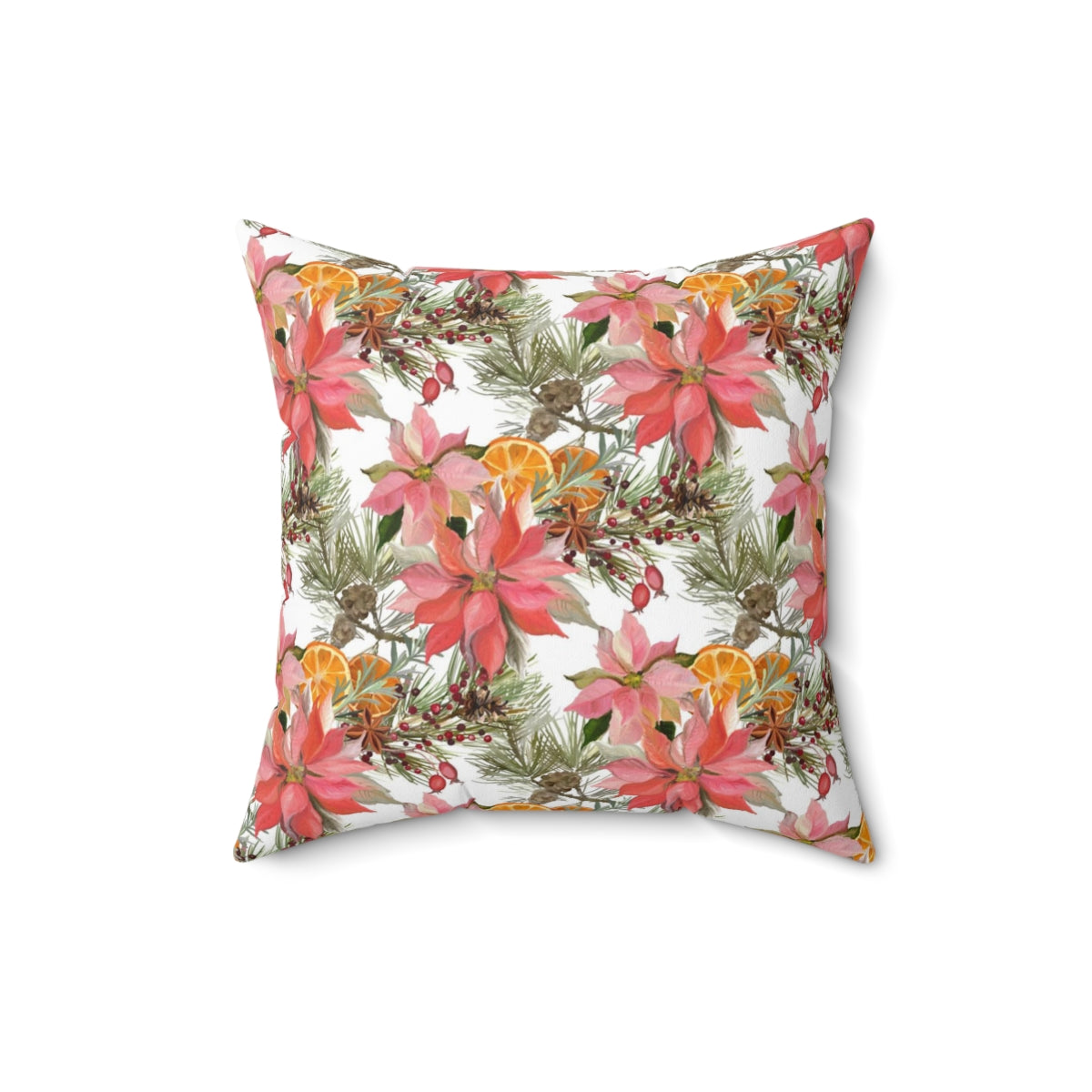 Christmas Square Pillow Cover | Red Poinsettas Orange Citrus