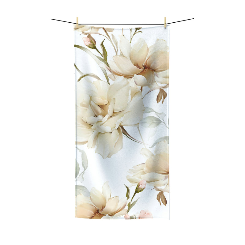 Floral Boho Bath Towel | Beige White Peonies Minimalist