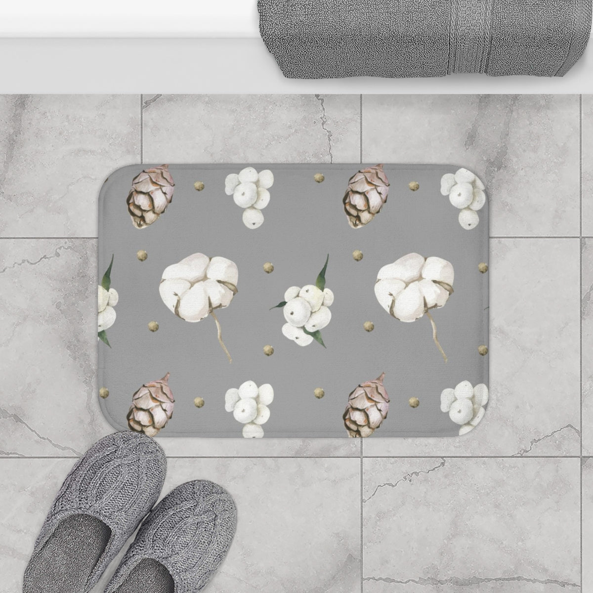 Christmas Bath Mat | Gray Delicate Cotton Flowers