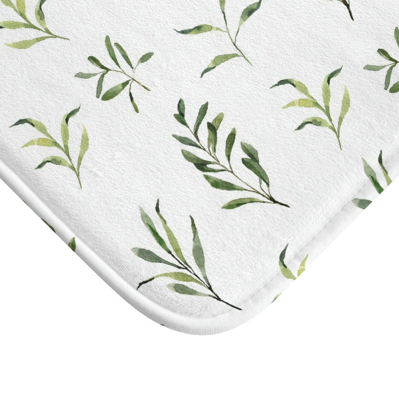 Floral Bath, Kitchen Mats, Rugs | Sage Green Leaves, White