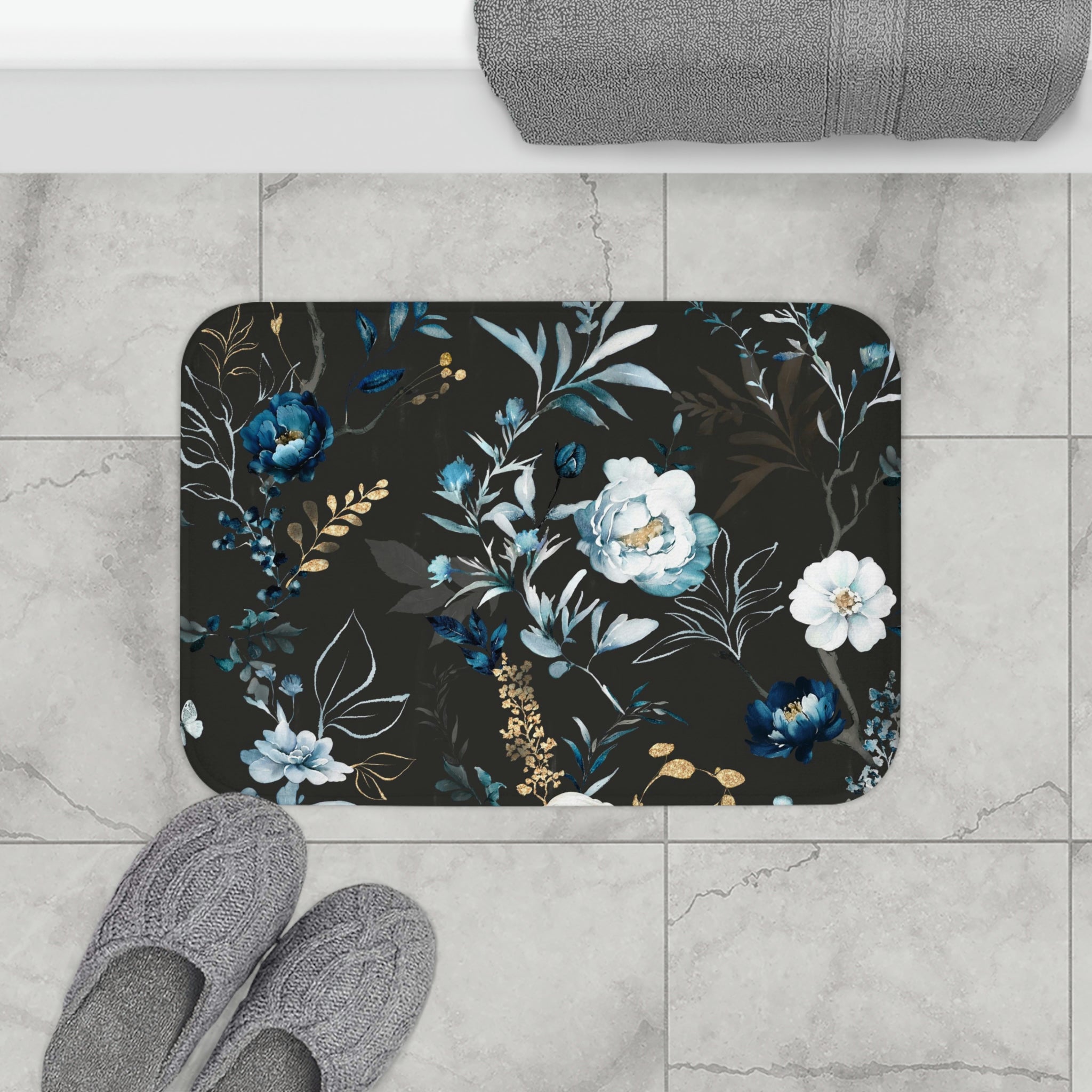 Floral Boho Bath, Kitchen Mat | Black Blue Peonies