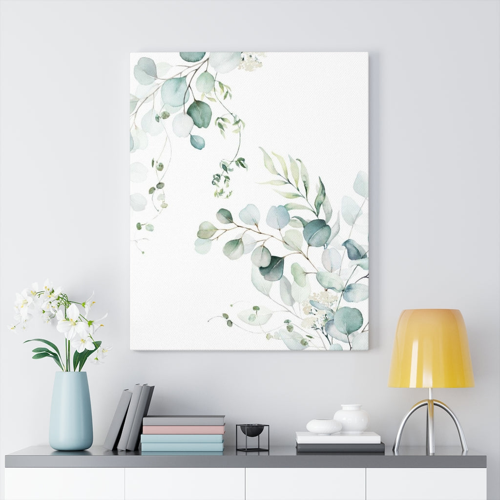 Floral Wall Canvas Art | White Green Eucalyptus Leaves