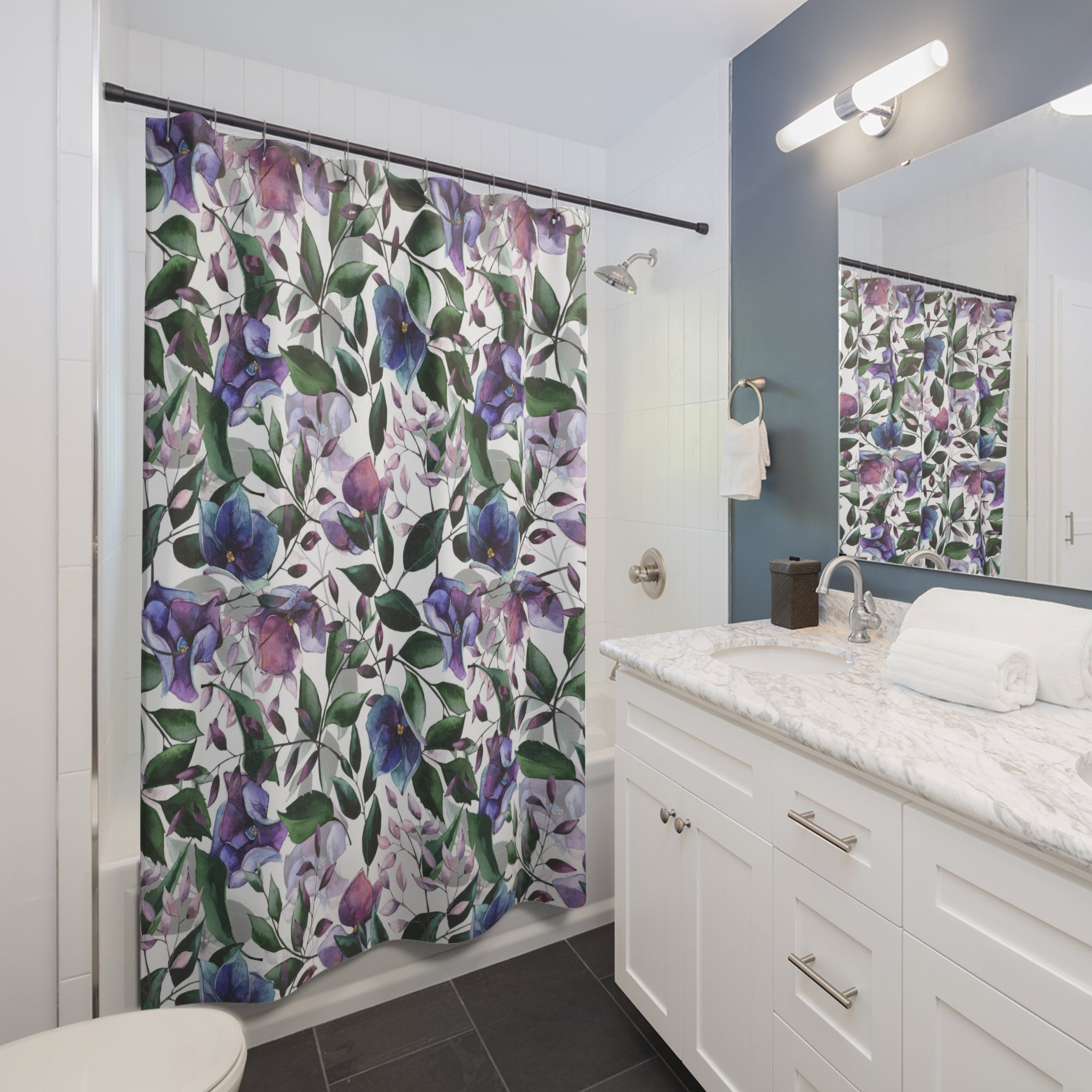 Floral Boho Shower Curtain | Forest Green, Purple Blue Jungle