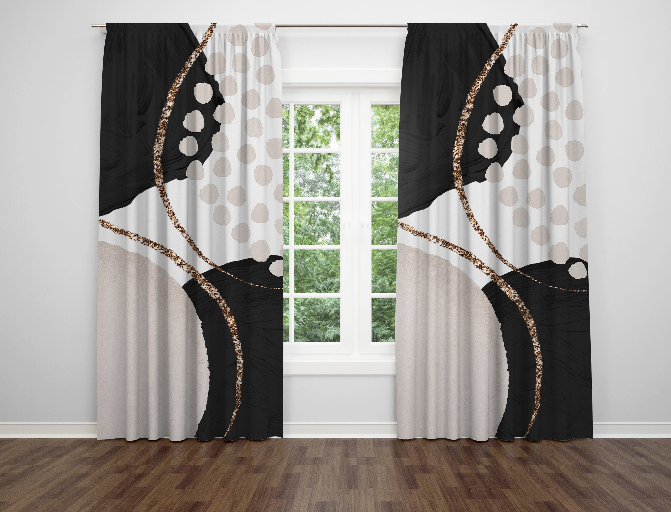 modern abstract, black, blush ivory unique window curtains