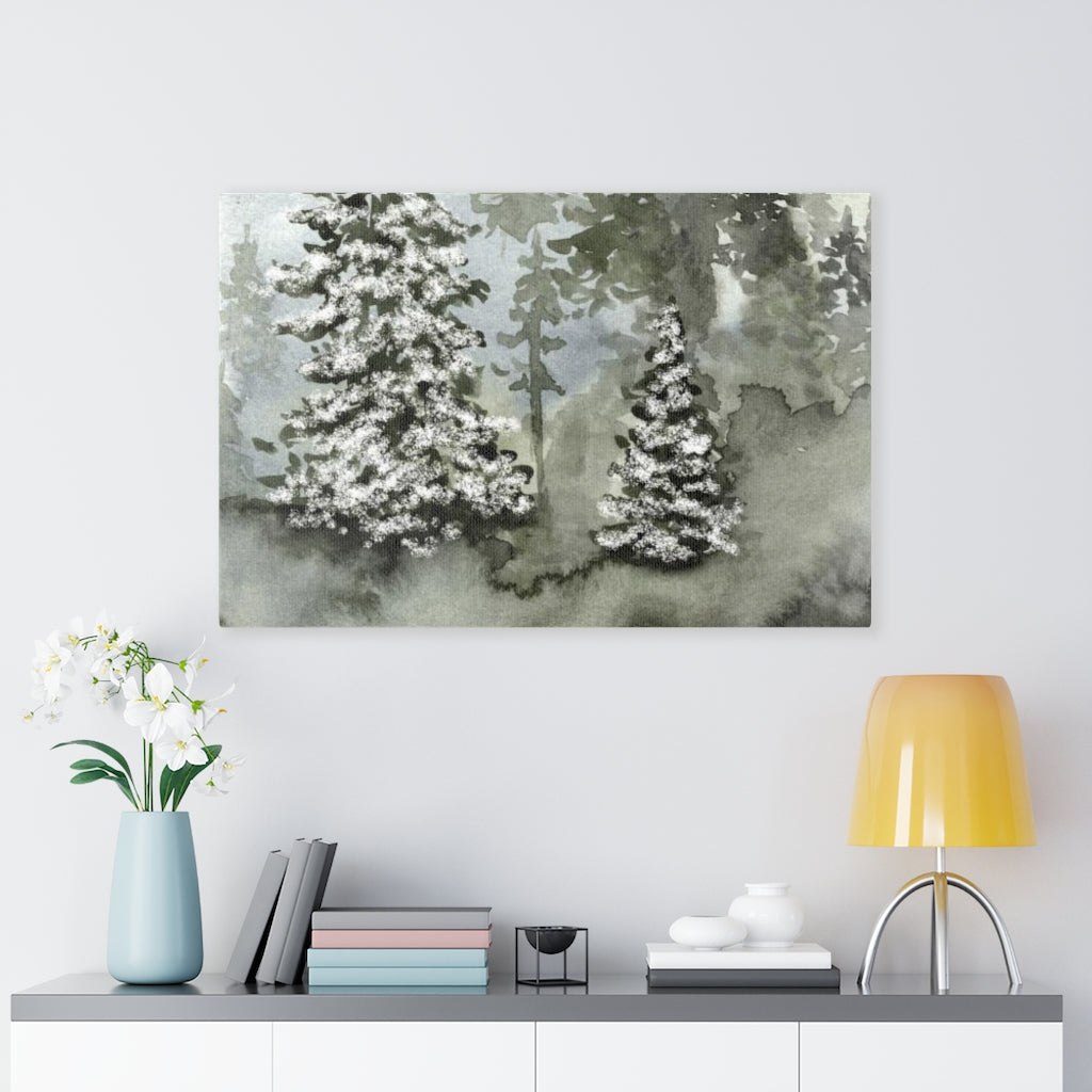 FLORAL WALL CANVAS ART | Grey Green Snow Forest Trees