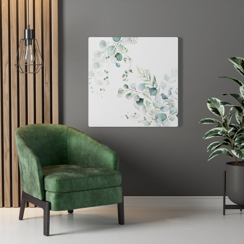 Floral Wall Canvas Art | White Green Eucalyptus Leaves