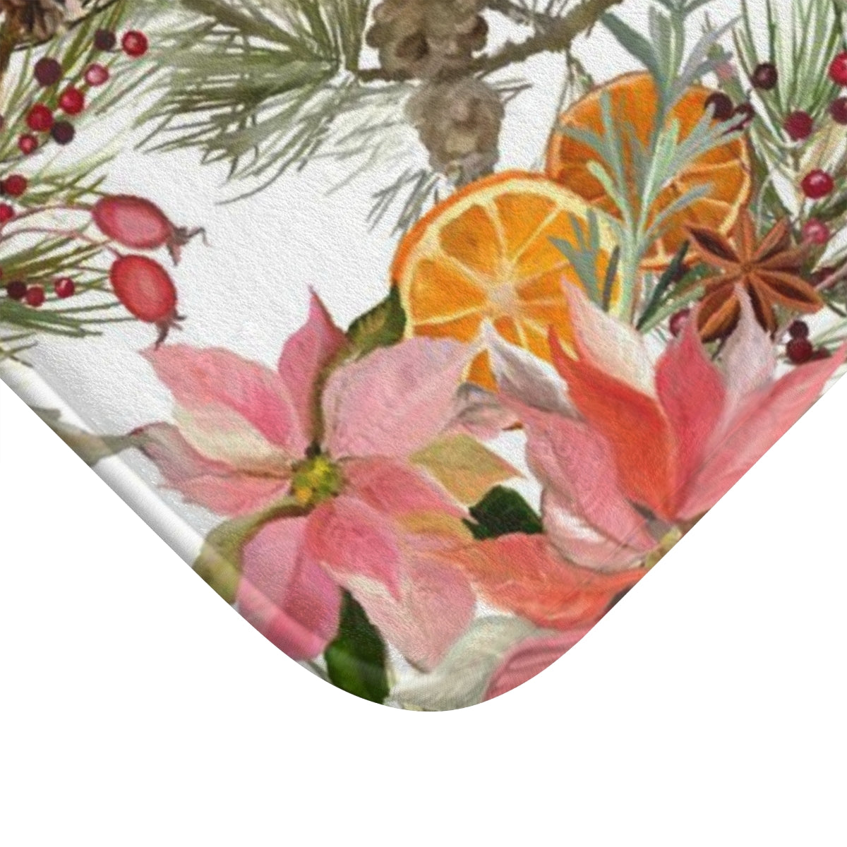 Christmas Bath Mat | White Red Green Poinsettias Citrus Leaves