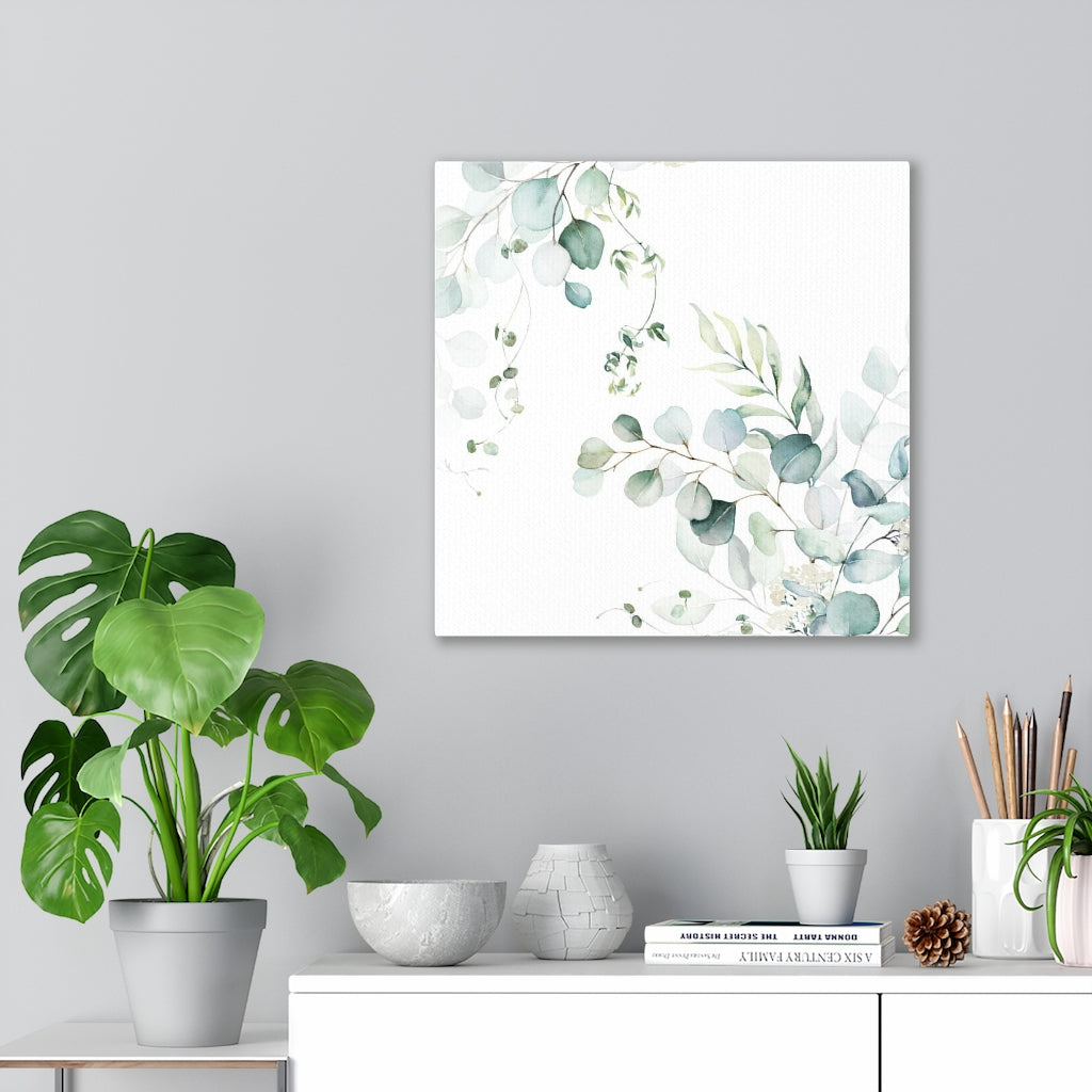 Floral Wall Canvas Art | White Green Eucalyptus Leaves