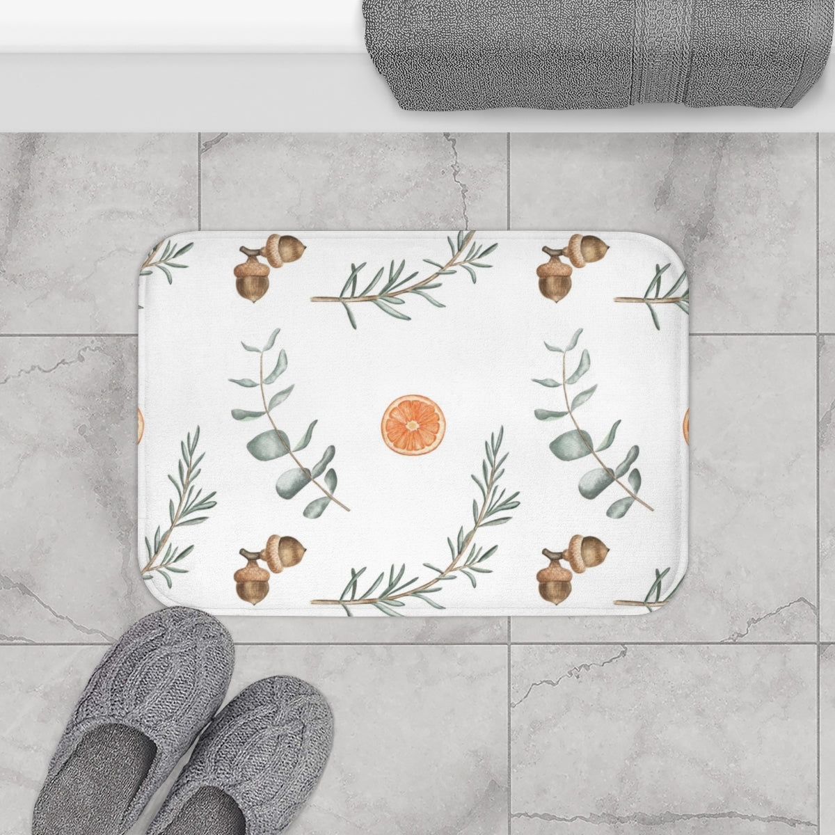 Christmas Bath Mat | White Green Citrus Leaves