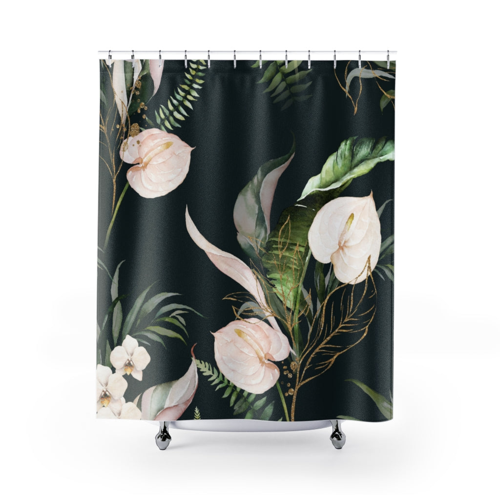 a black floral shower curtain