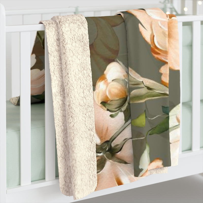Floral Comfy Blanket | Khaki Green Beige Peonies