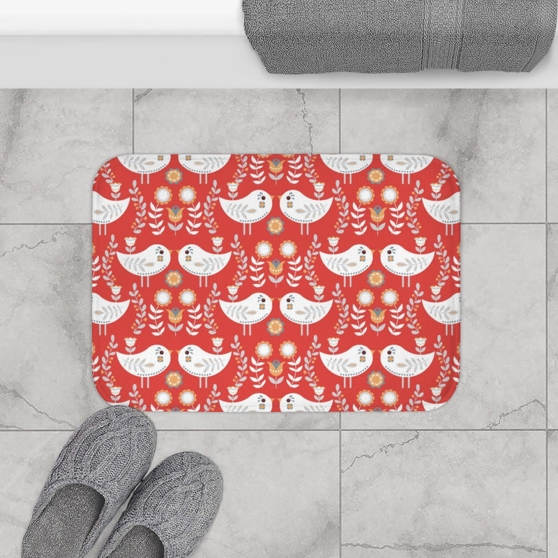 Christmas Bath Mat | Red White Nordic Folk Birds