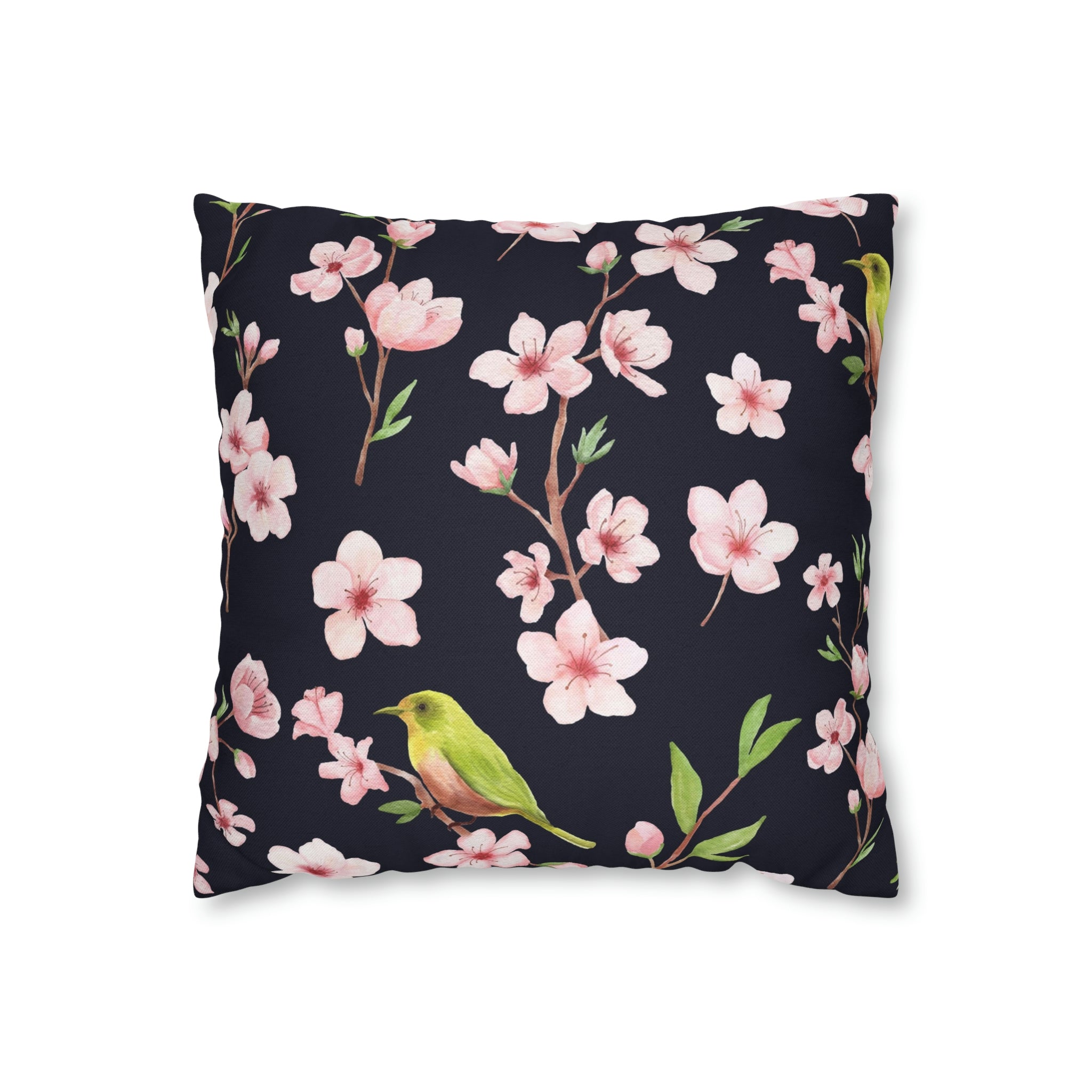 Floral Boho Pillow Cover | Pink Sakura, Green Bird, Black