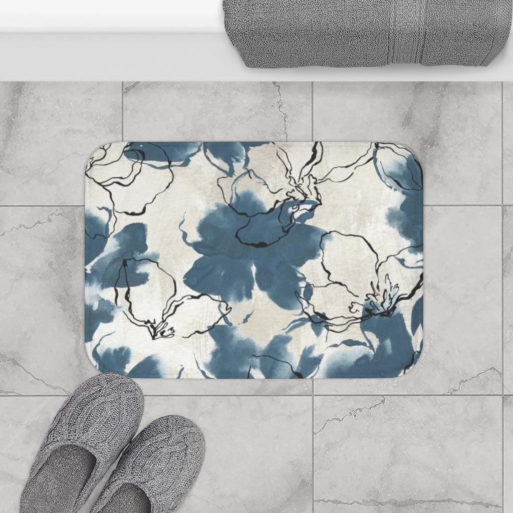 Floral Bath Mat | Navy Blue White