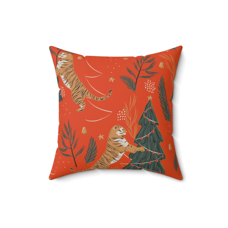 Scandi Nordic Boho Square Pillow Cover | Red Christmas Tree Tiger