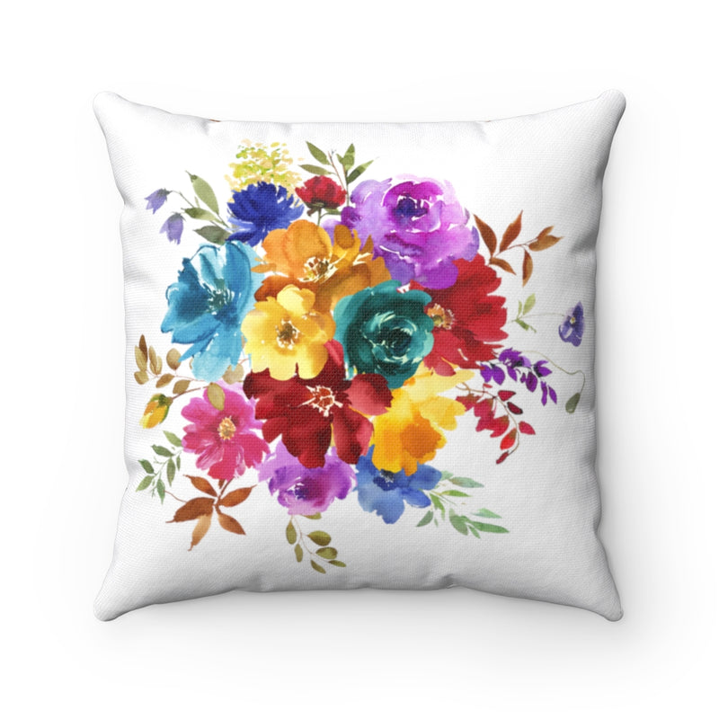 Floral Boho Pillow Cover | White Colorful Roses Peonies Yellow Orange Red Green