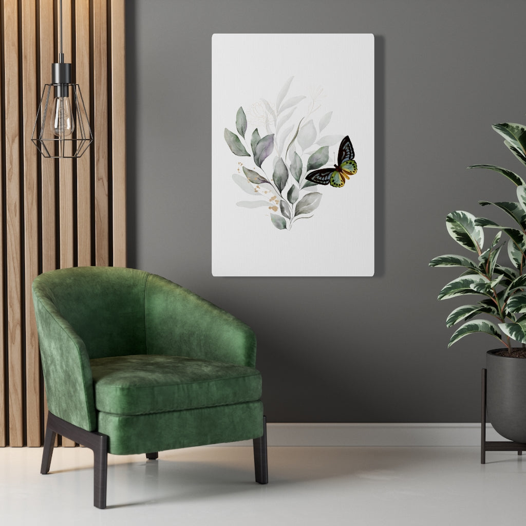 FLORAL CANVAS ART | White Grey Leaves Butterfly