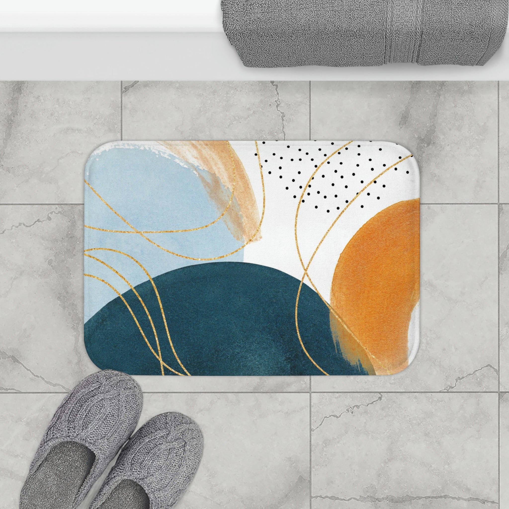 Abstract Kitchen Bath Mat | Navy Pale Blue, Earthy Beige White