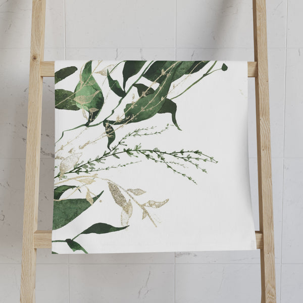 Floral Boho Kitchen, Bath Hand Towel | White Forest Green Leaves