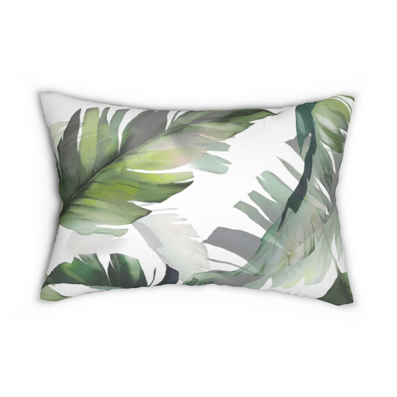 Floral Boho Lumbar Pillow | Green White Tropical Leaves