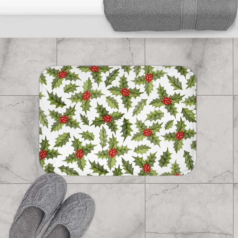 Christmas Bath Mat | White Green Red Mistletoe