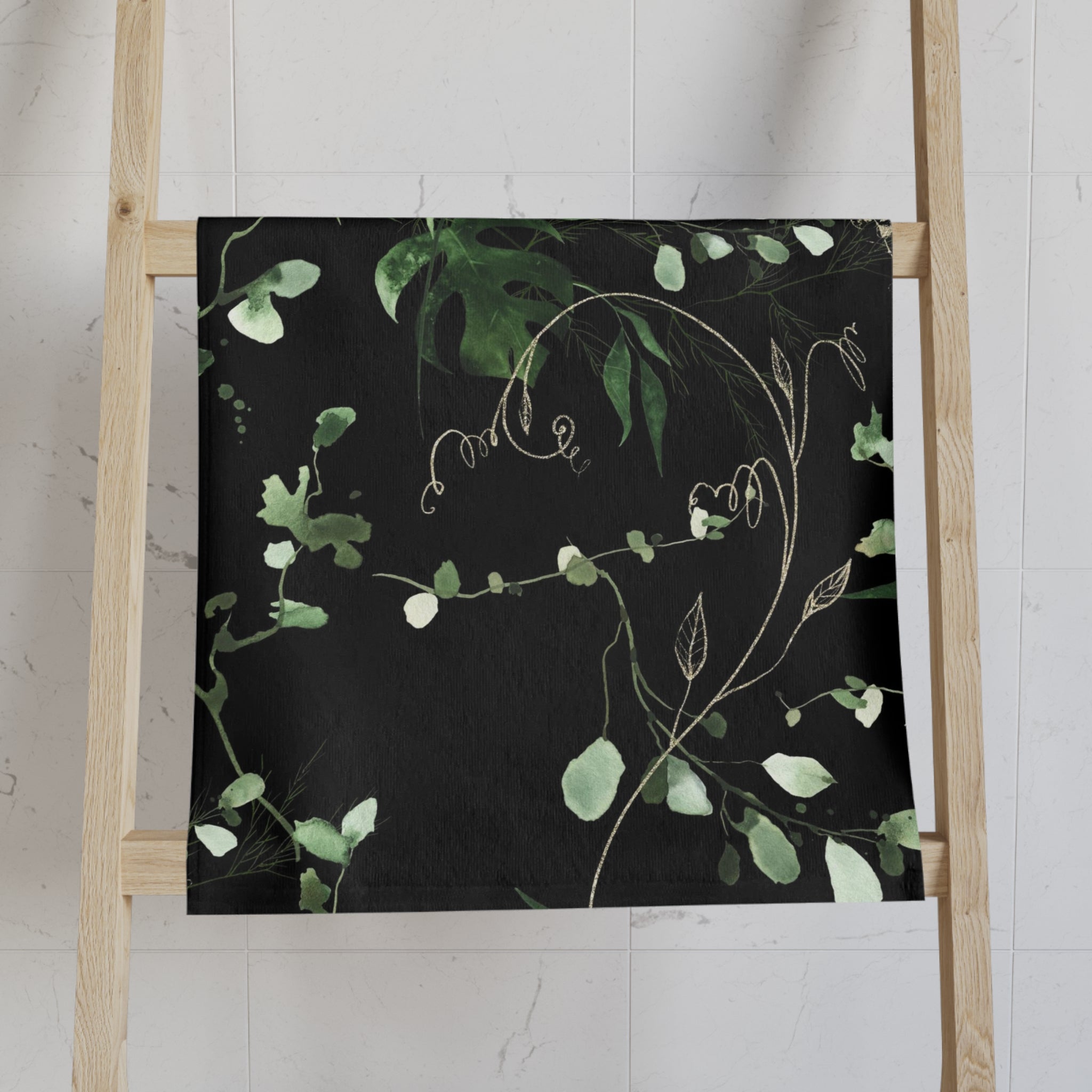 Floral Boho Kitchen, Bath Hand Towel | Jungle Black Monstera Sage Green Leaves