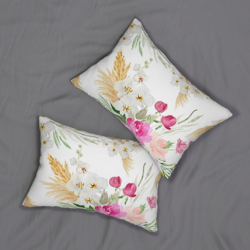 Floral Boho Lumbar Pillow | White Pink Yellow