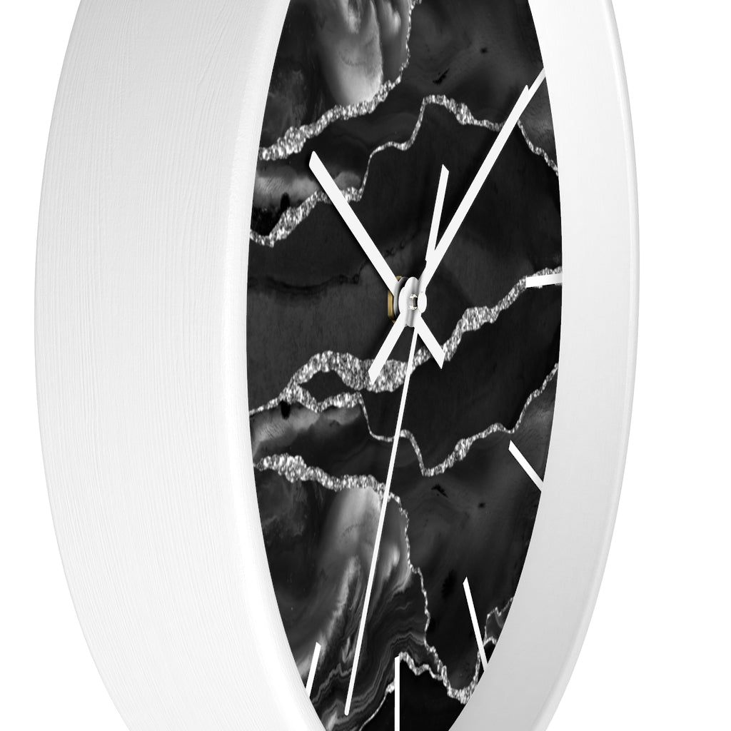 Marble Print, Wood,  Wall Clock, Black Silver 10"