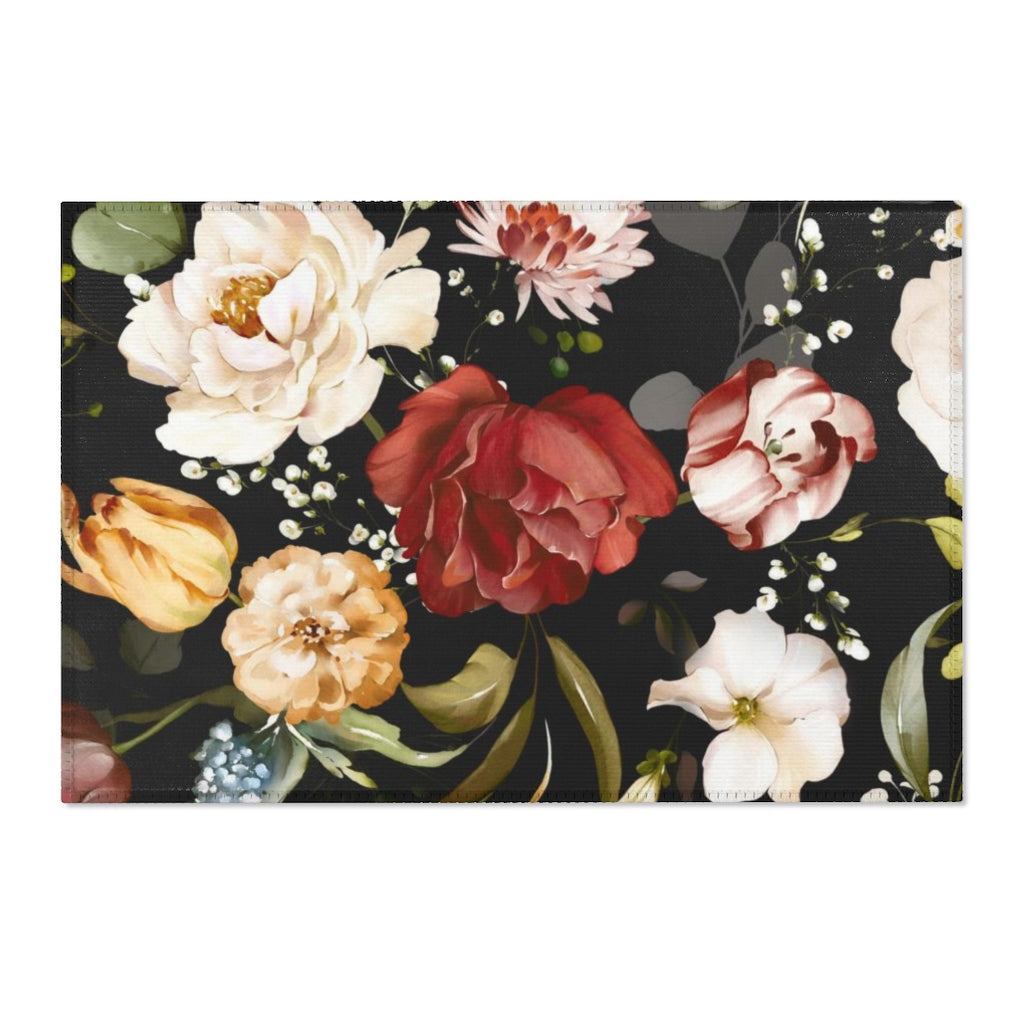 Floral Area Rug | Red Black Flowers