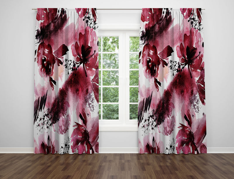 Window Curtains | White Red Pink | Floral Peonies Ombre