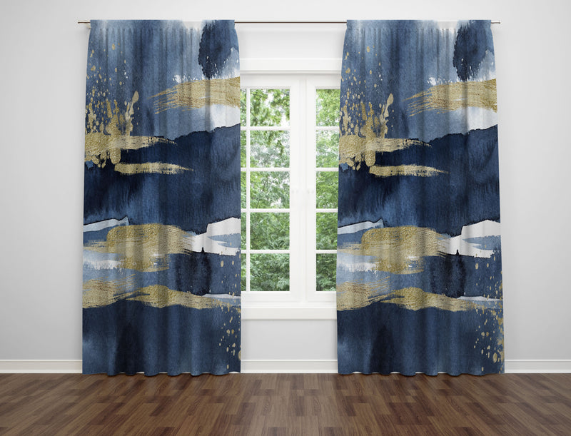 Window Curtains | Navy Blue Gold | Abstract Ombre