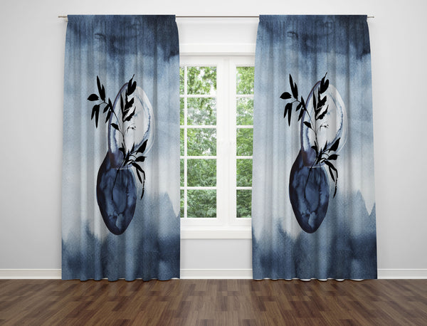 Window Curtains | Navy Blue | Abstract Ombre Floral