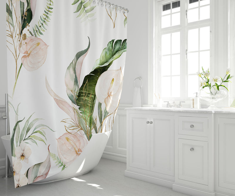 Anthurium Floral Shower Curtain | White Green Gold