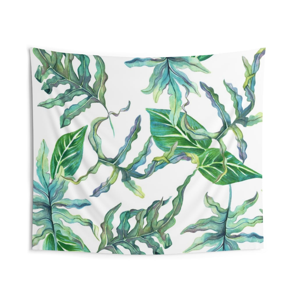 Floral Tapestry | White Green Tropical Leaves