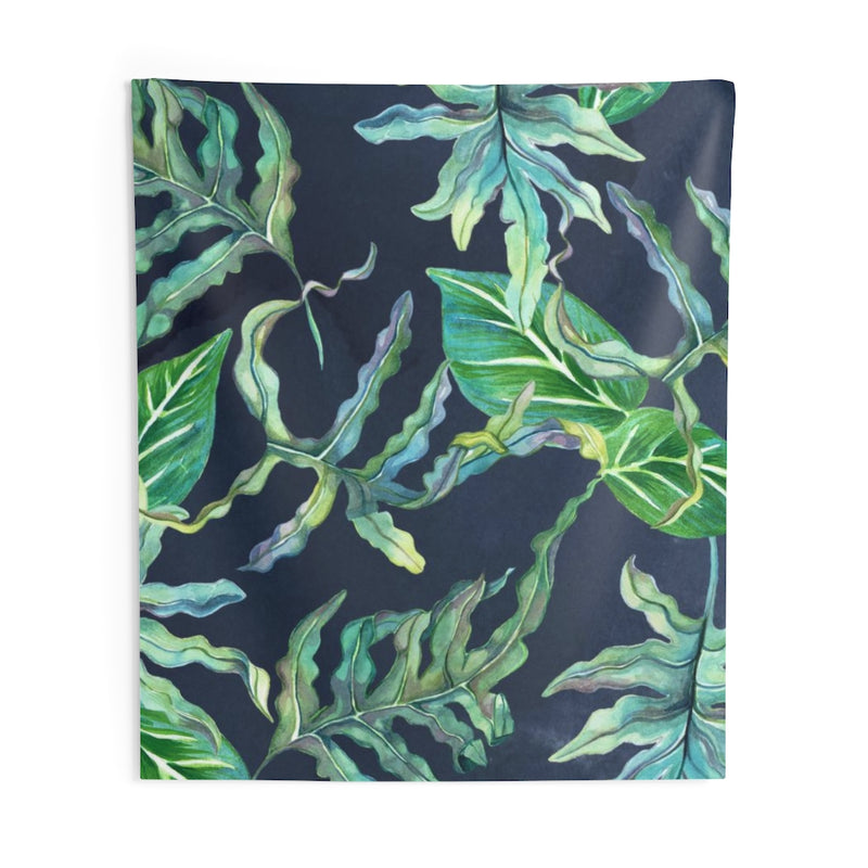Floral Tapestry | Navy Blue Green Tropical Leaves