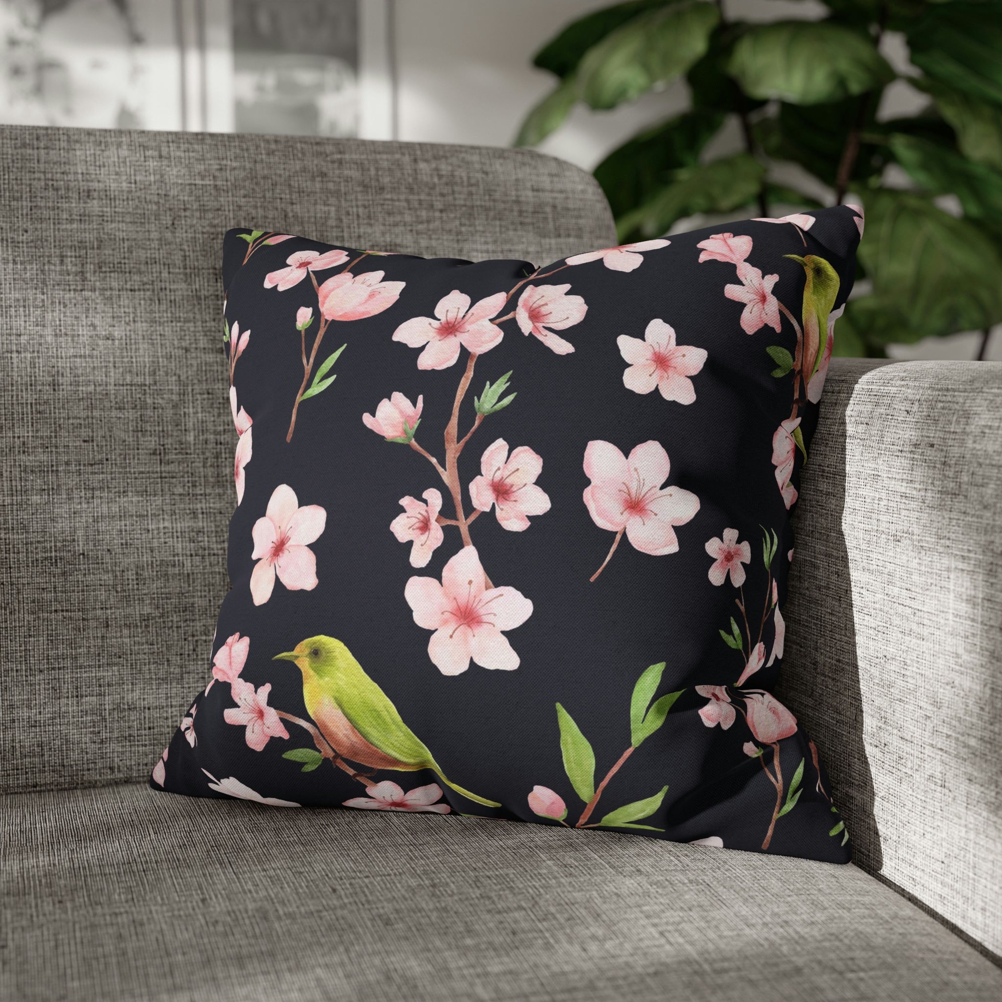 Floral Boho Pillow Cover | Pink Sakura, Green Bird, Black