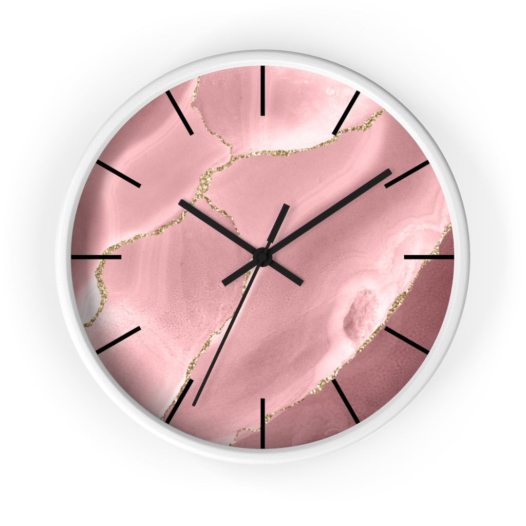 Marble Print, Wood,  Wall Clock, Pink Gold 10"