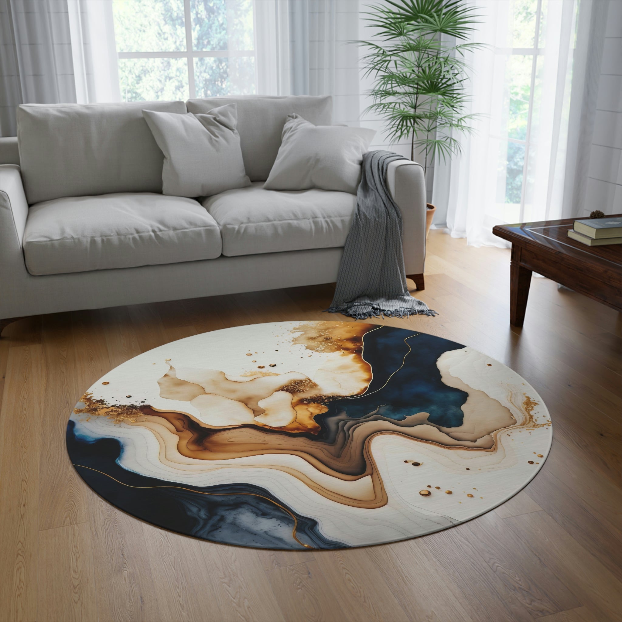 Round Area Rug | Navy Cream Abstract