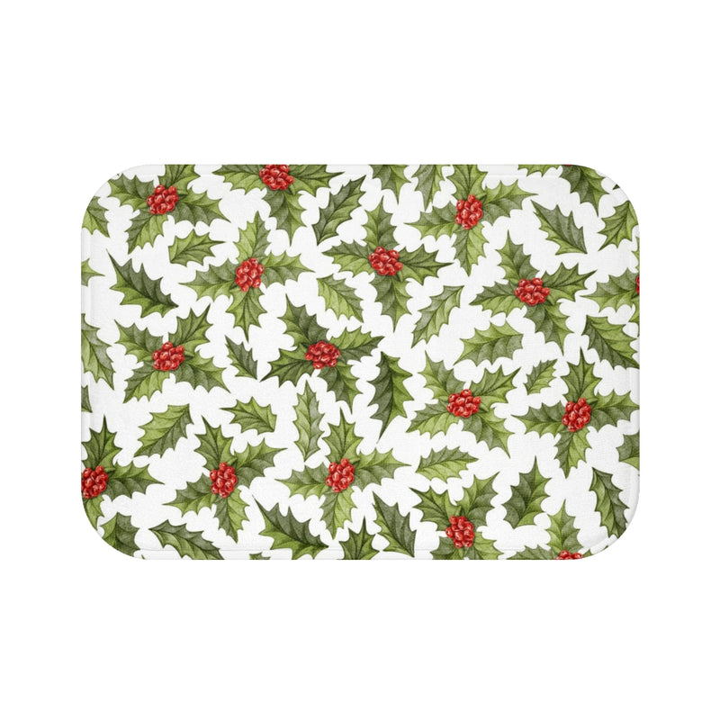 Christmas Bath Mat | White Green Red Mistletoe