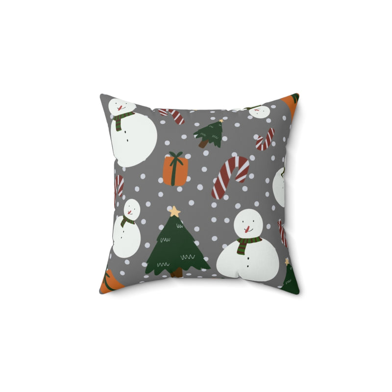 Christmas Square Pillow Cover | Gray Snowman Christmas Trees
