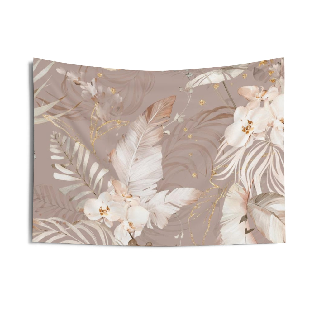 Floral Tapestry | Beige Cream Gold Tropical Leaves