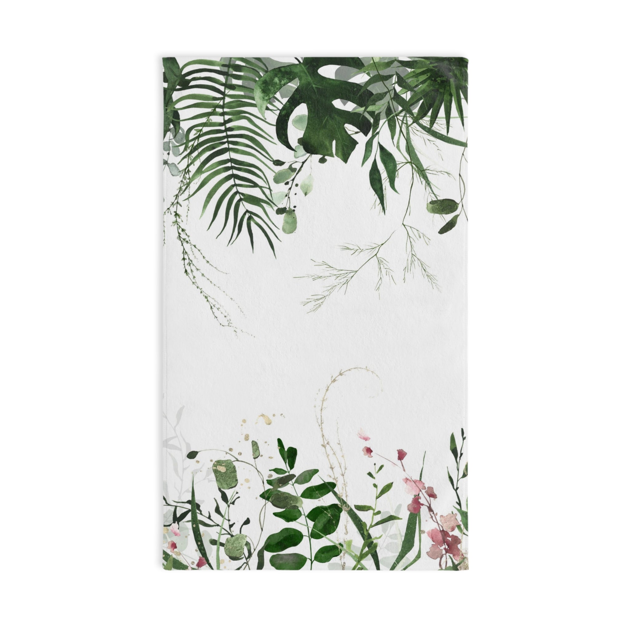 Floral Boho Kitchen, Bath Hand Towel | White Green Monstera Jungle Leaves