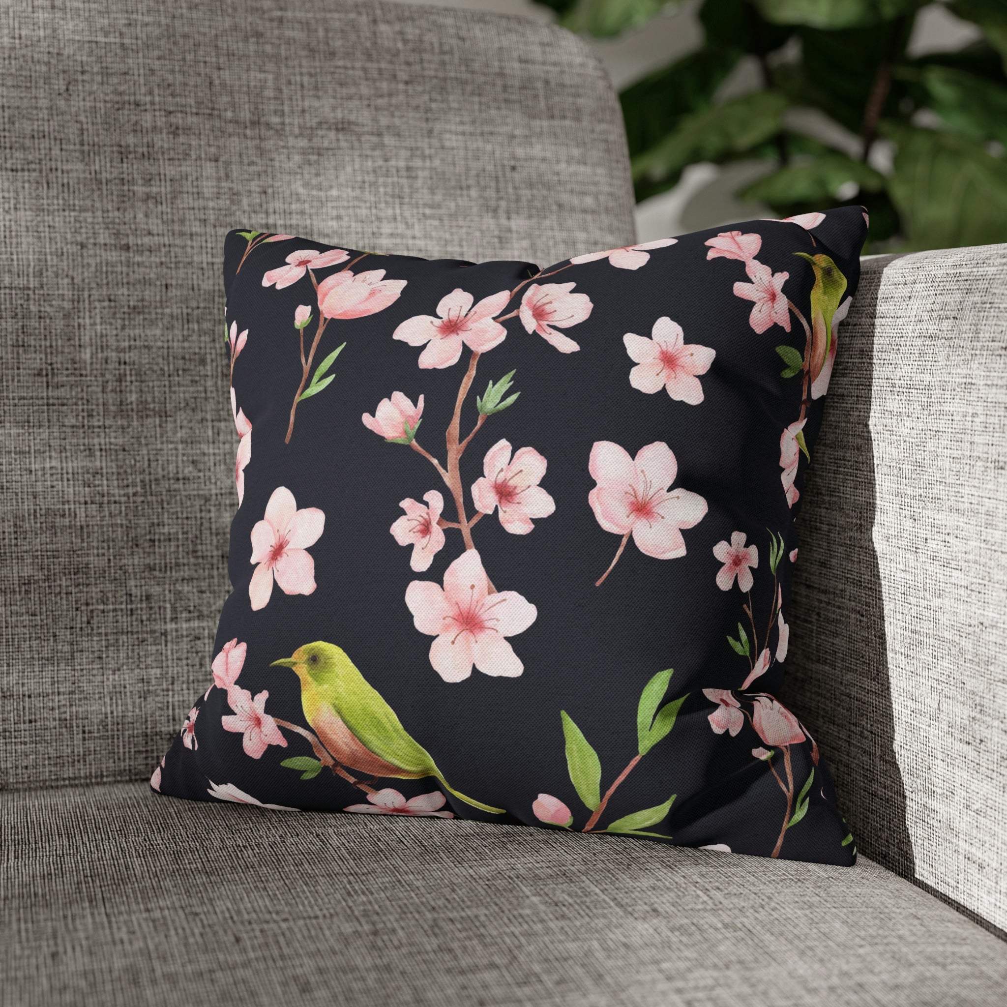 Floral Boho Pillow Cover | Pink Sakura, Green Bird, Black